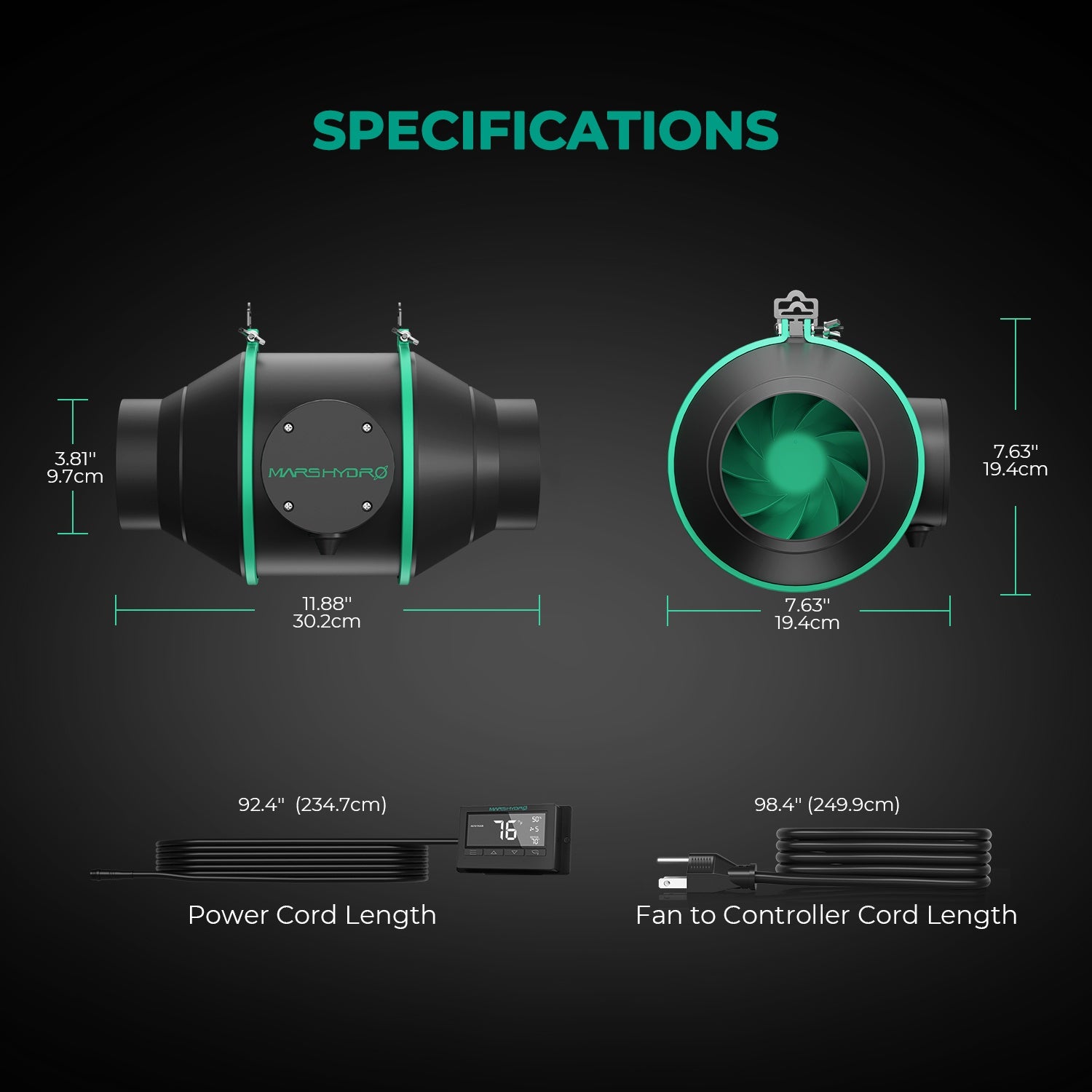 Mars Hydro | Ø100mm Inline-Rohrventilator mit Thermostat-Steuerung