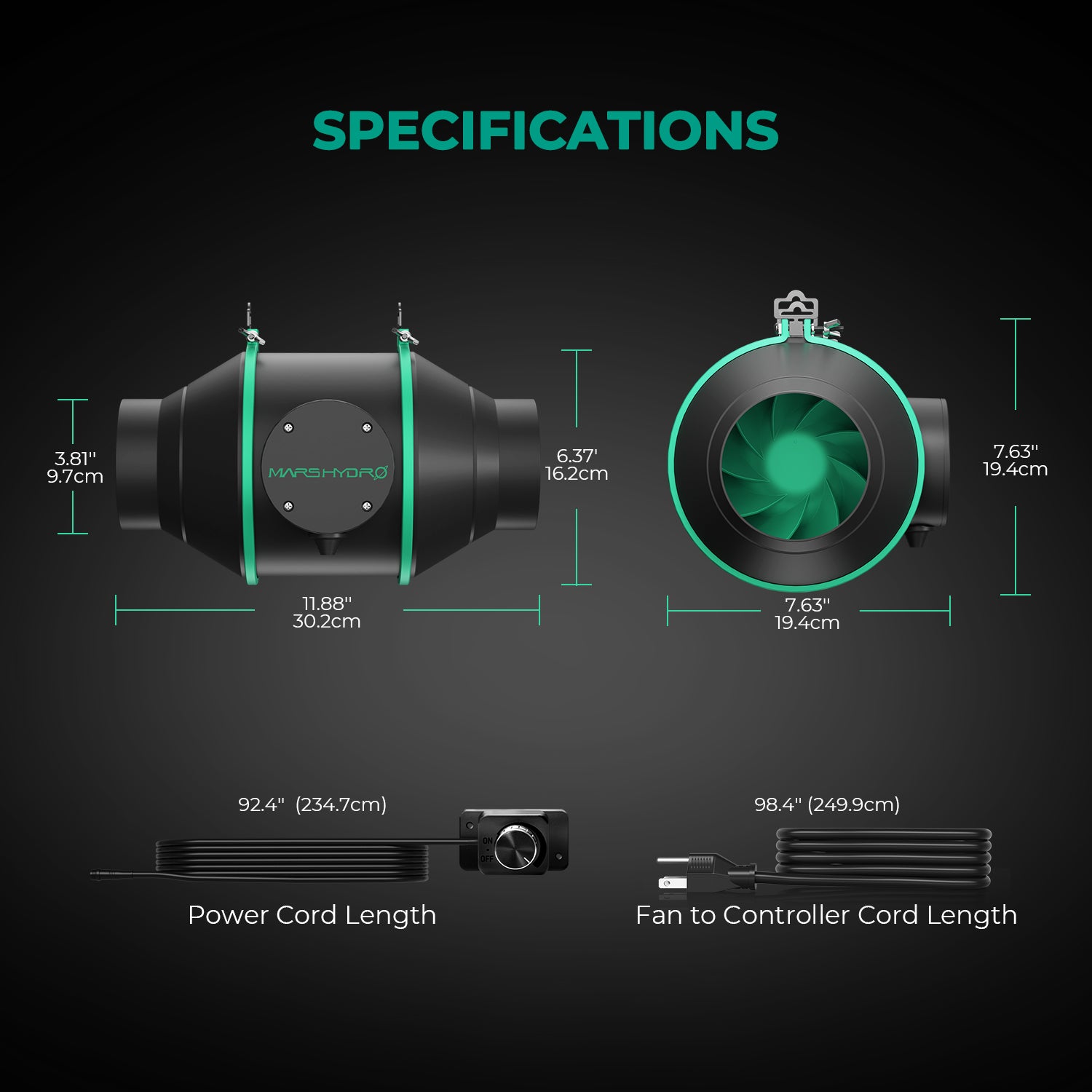 Mars Hydro | Ø100mm Inline-Kanalventilator mit Drehzahlregler